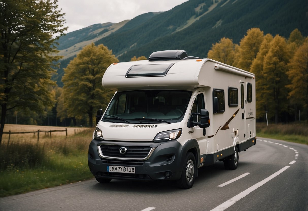 A camper travels through Europe, passing by scenic landscapes and historic landmarks