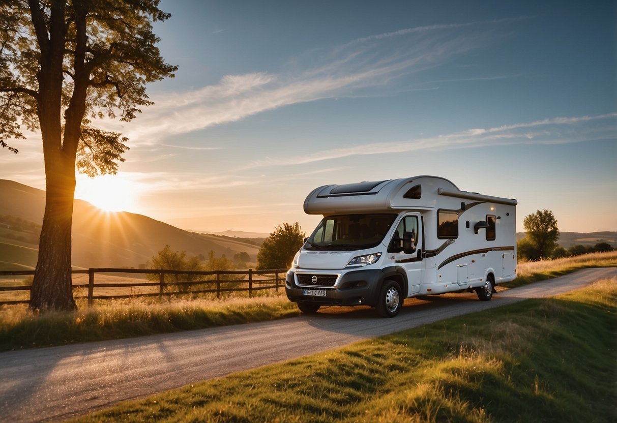 A camper parked in a scenic European countryside, surrounded by rolling hills, quaint villages, and winding roads. The sun is setting, casting a warm glow over the landscape