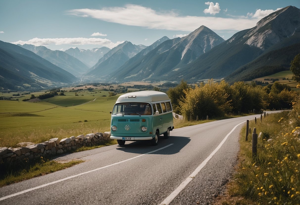 A winding road through European countryside with colorful camper vans driving past mountains and historic landmarks