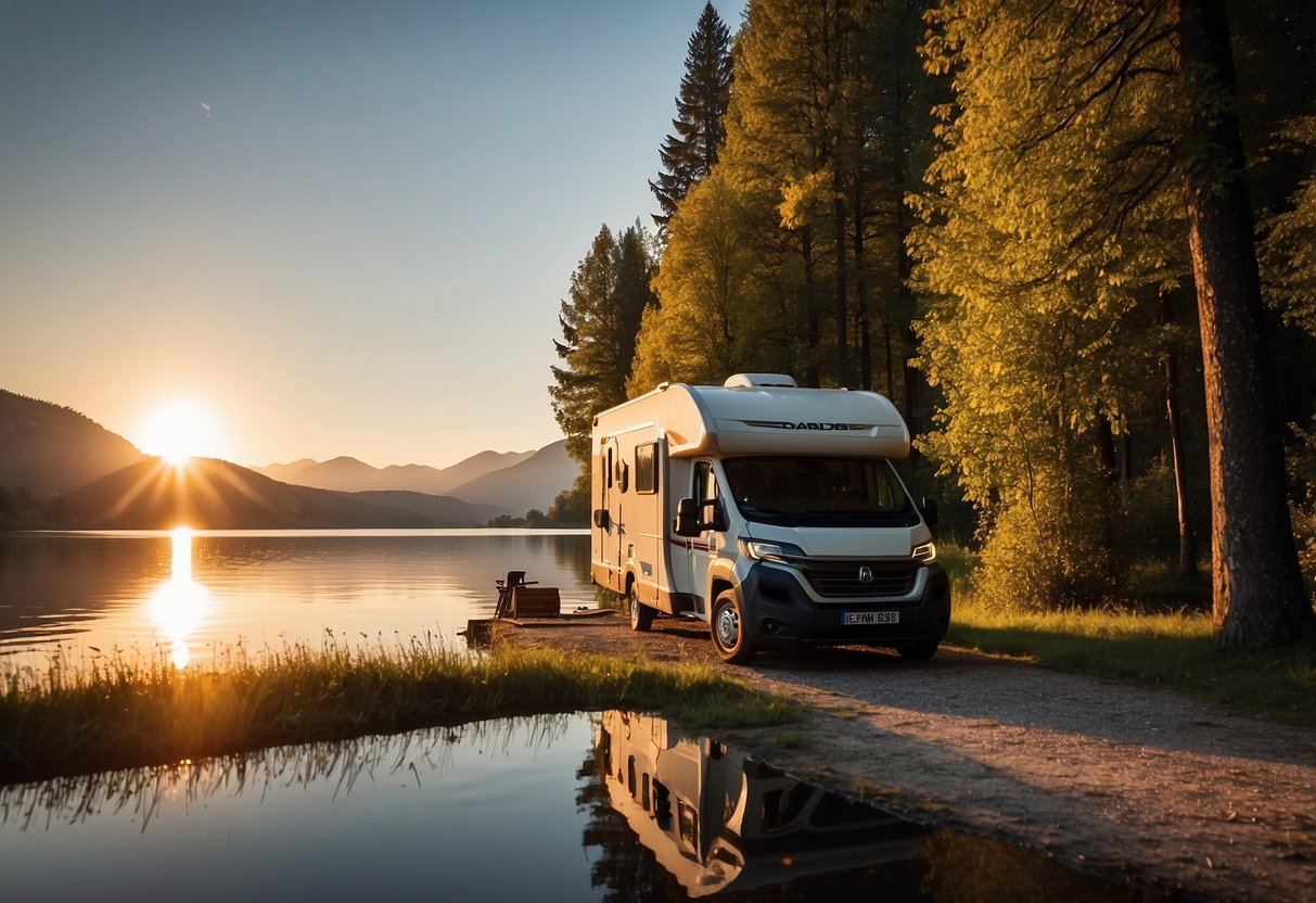 A camper parked by a serene lake in Europe, surrounded by lush greenery and distant mountains. The sun sets in the background, casting a warm glow over the scene