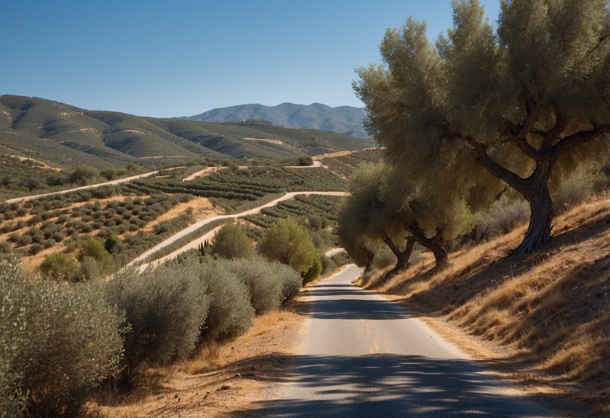 A winding road through the Spanish countryside, lined with olive trees and rolling hills under a clear blue sky