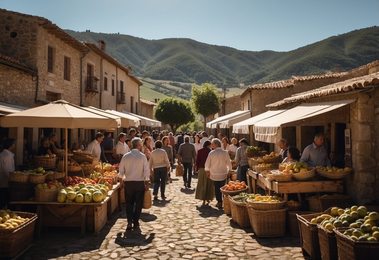 A rustic Spanish village market bustles with vendors selling local produce and traditional crafts, surrounded by rolling hills and vineyards