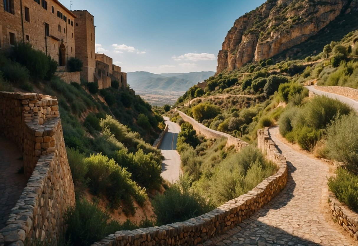 A winding road cuts through lush green hills, leading to ancient castles and vibrant markets in Spain. The landscape is dotted with historic landmarks and natural wonders