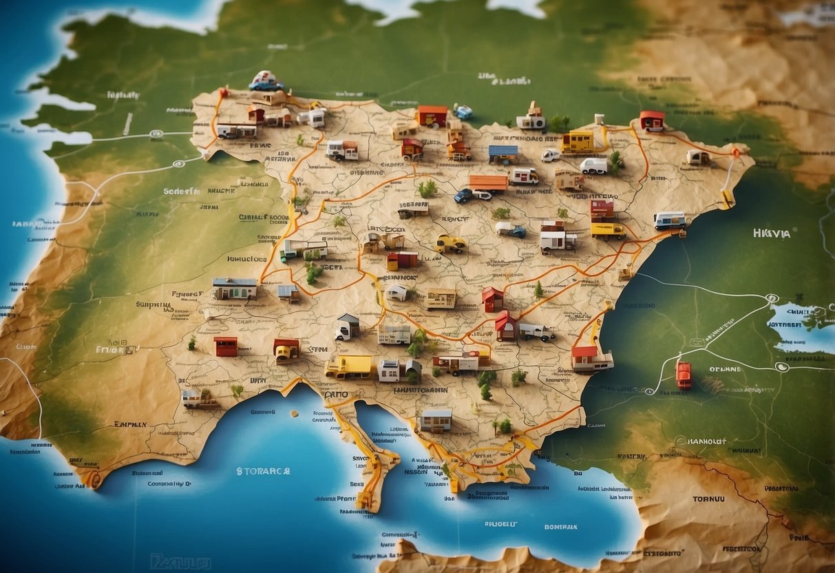 A map of camper routes in Spain with labeled FAQs and scenic landmarks