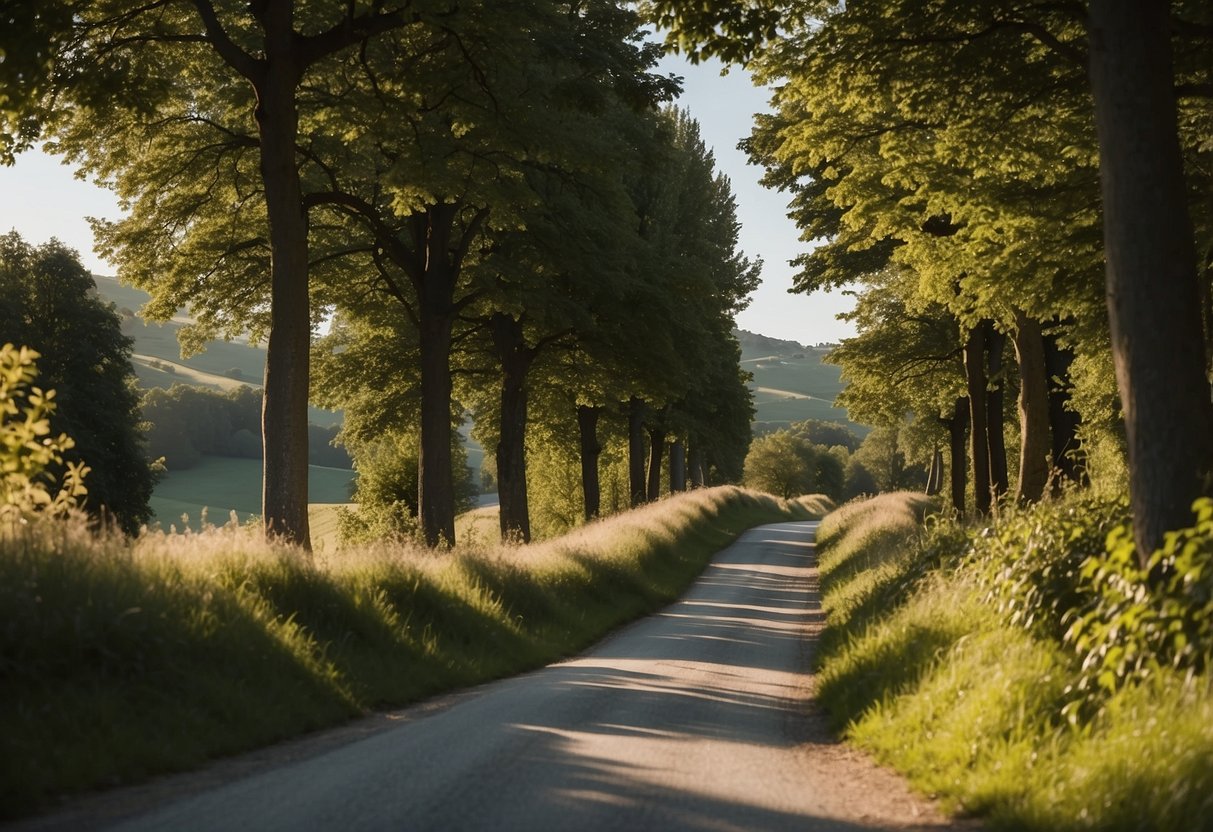 A winding road cuts through the lush green French countryside, passing by quaint villages and rolling hills. Tall trees line the route, casting dappled shadows on the sunlit path