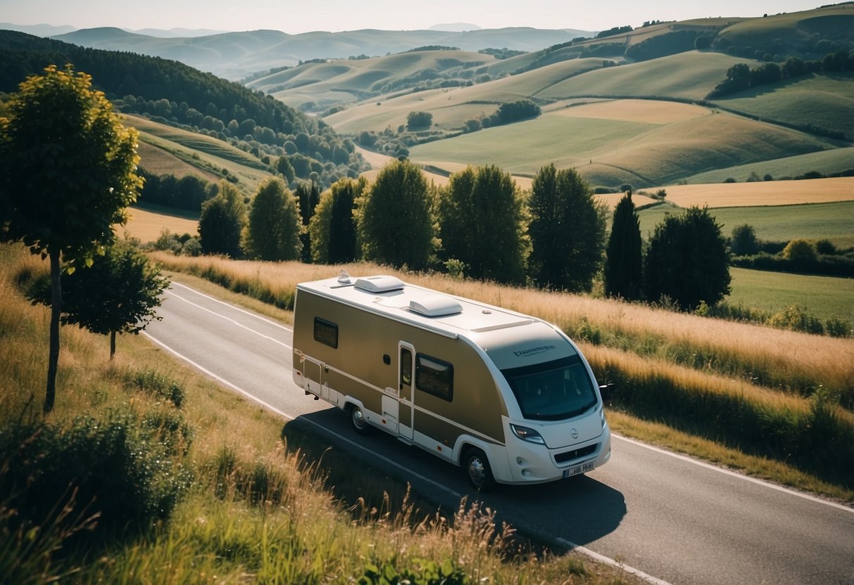 A scenic camper route in France, with rolling hills, winding roads, and charming villages nestled in the countryside