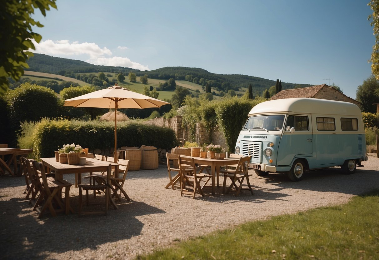 A French countryside scene with a camper van parked near a local delicatessen, with tables and chairs set up for outdoor dining