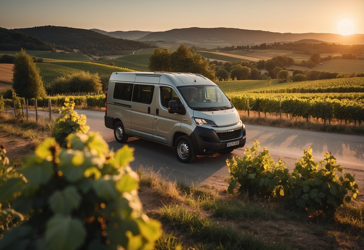 A camper van drives through picturesque French countryside, passing vineyards and quaint villages. The sun sets behind rolling hills