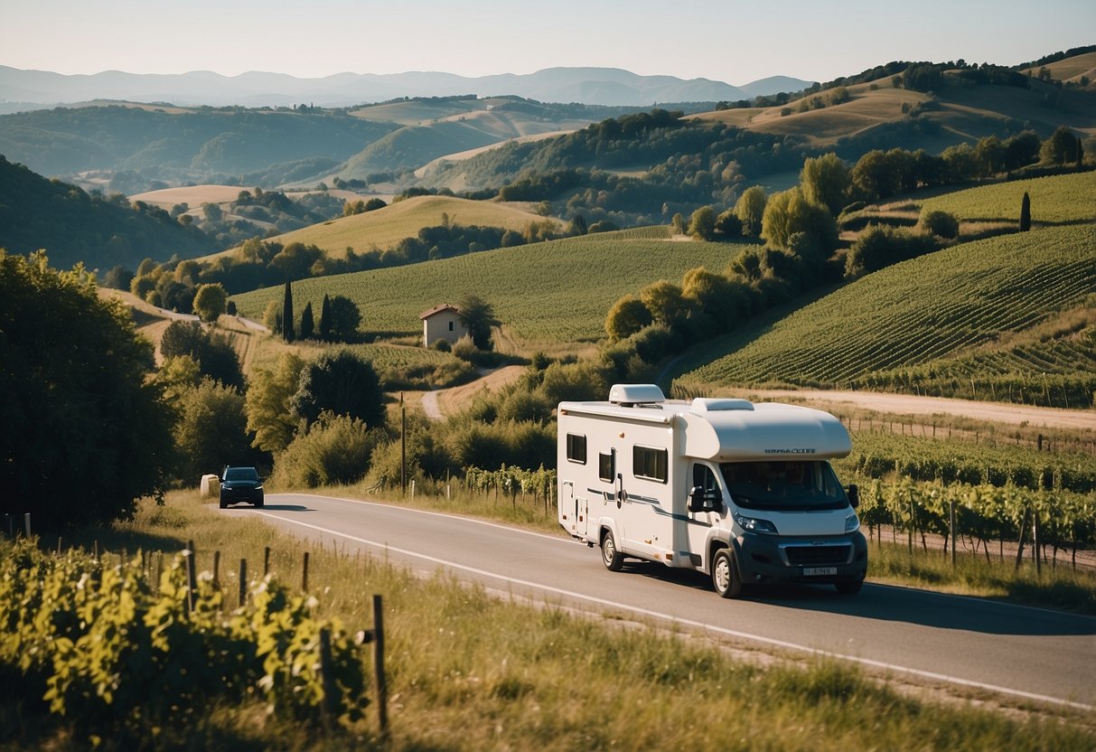 A camper drives through scenic French countryside, passing by rolling hills, charming villages, and vineyards under a clear blue sky