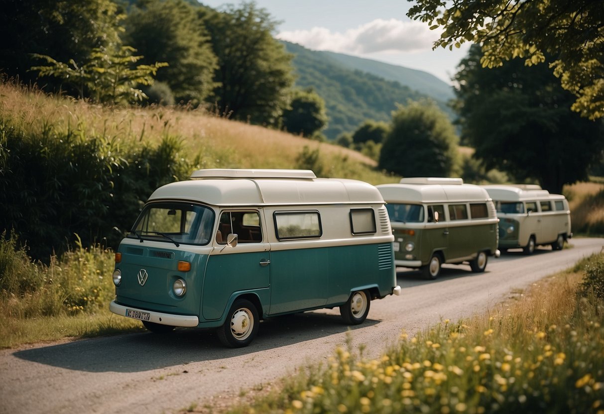 A serene countryside scene in France with camper vans parked at designated spots, surrounded by lush greenery and rolling hills