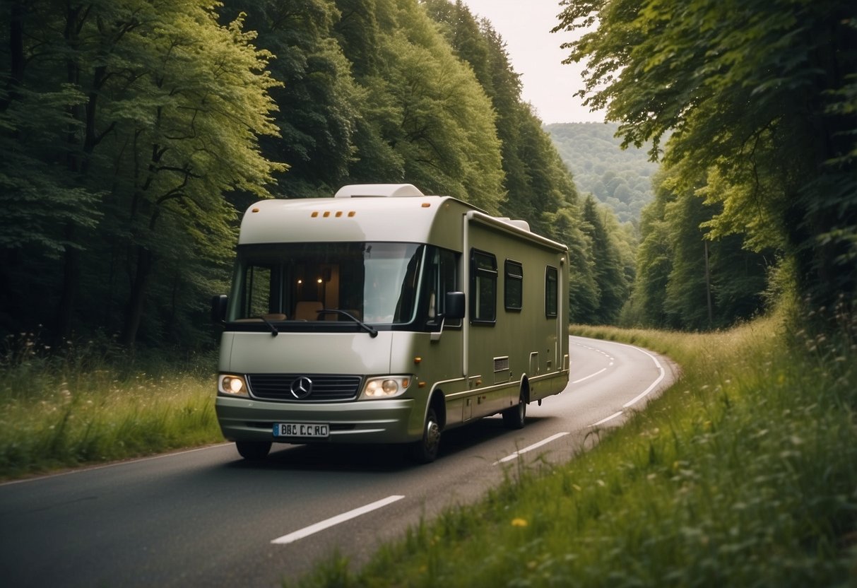 A scenic camper winding through lush forests and picturesque countryside in the Benelux region, passing by quaint villages and historic landmarks