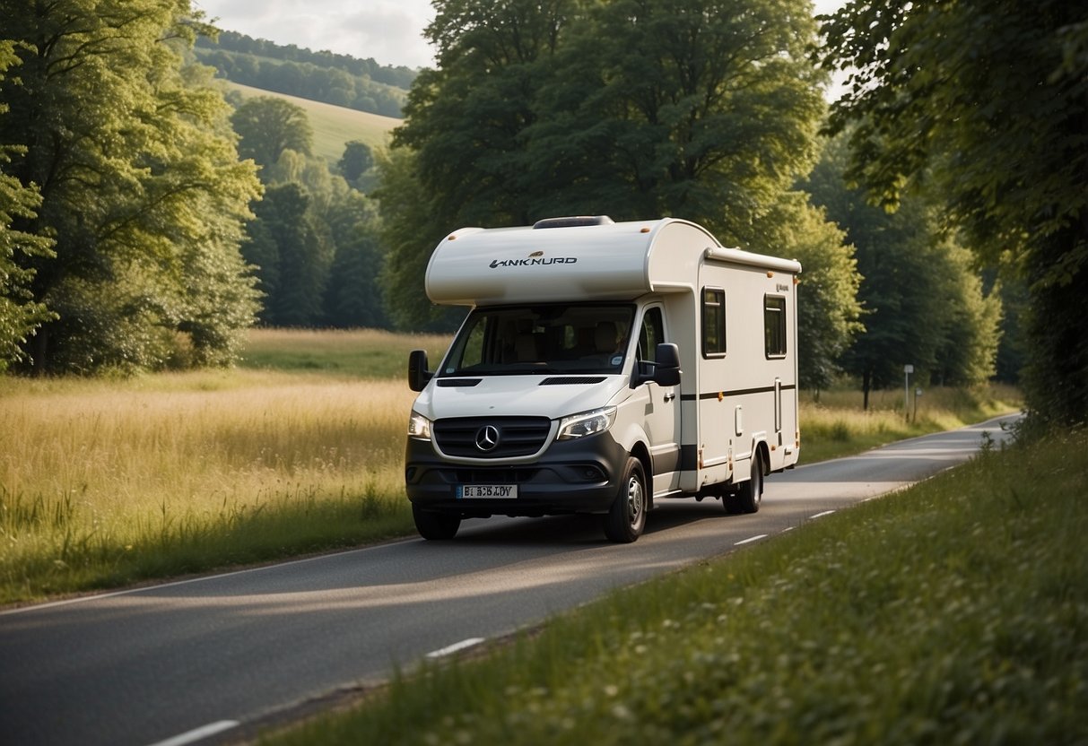 A camper travels through scenic landscapes in the Benelux region, passing by rolling hills, charming villages, and lush forests