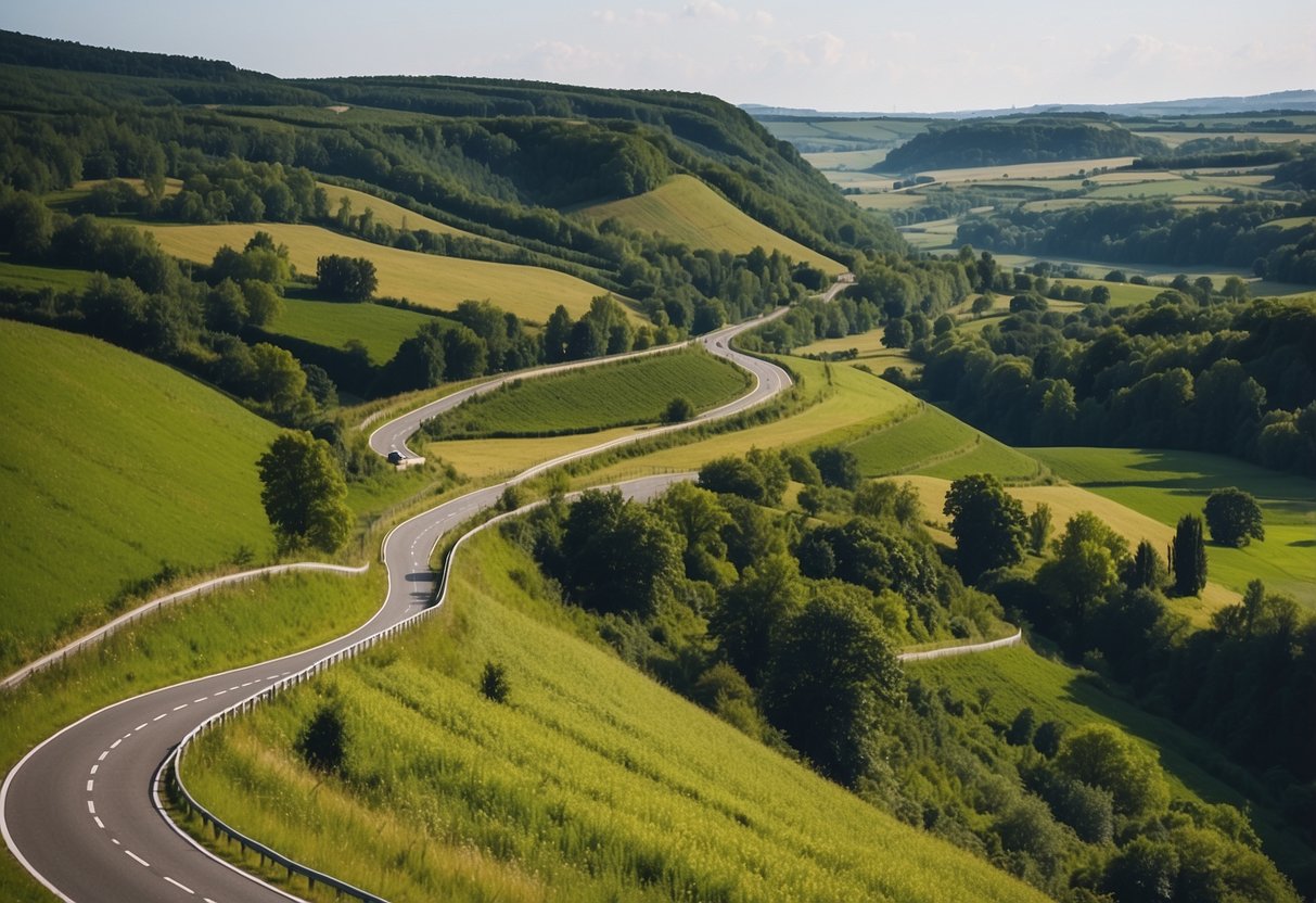 A winding road cuts through lush green countryside, passing by historic landmarks and charming villages along the Route Camper routes Benelux