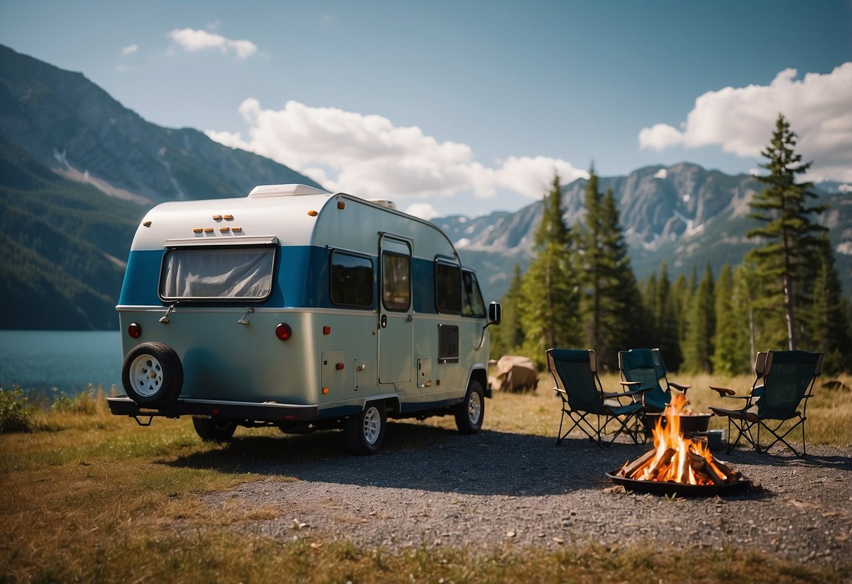 A camper parked in a serene natural setting with mountains in the background, a clear blue sky, and a cozy campfire