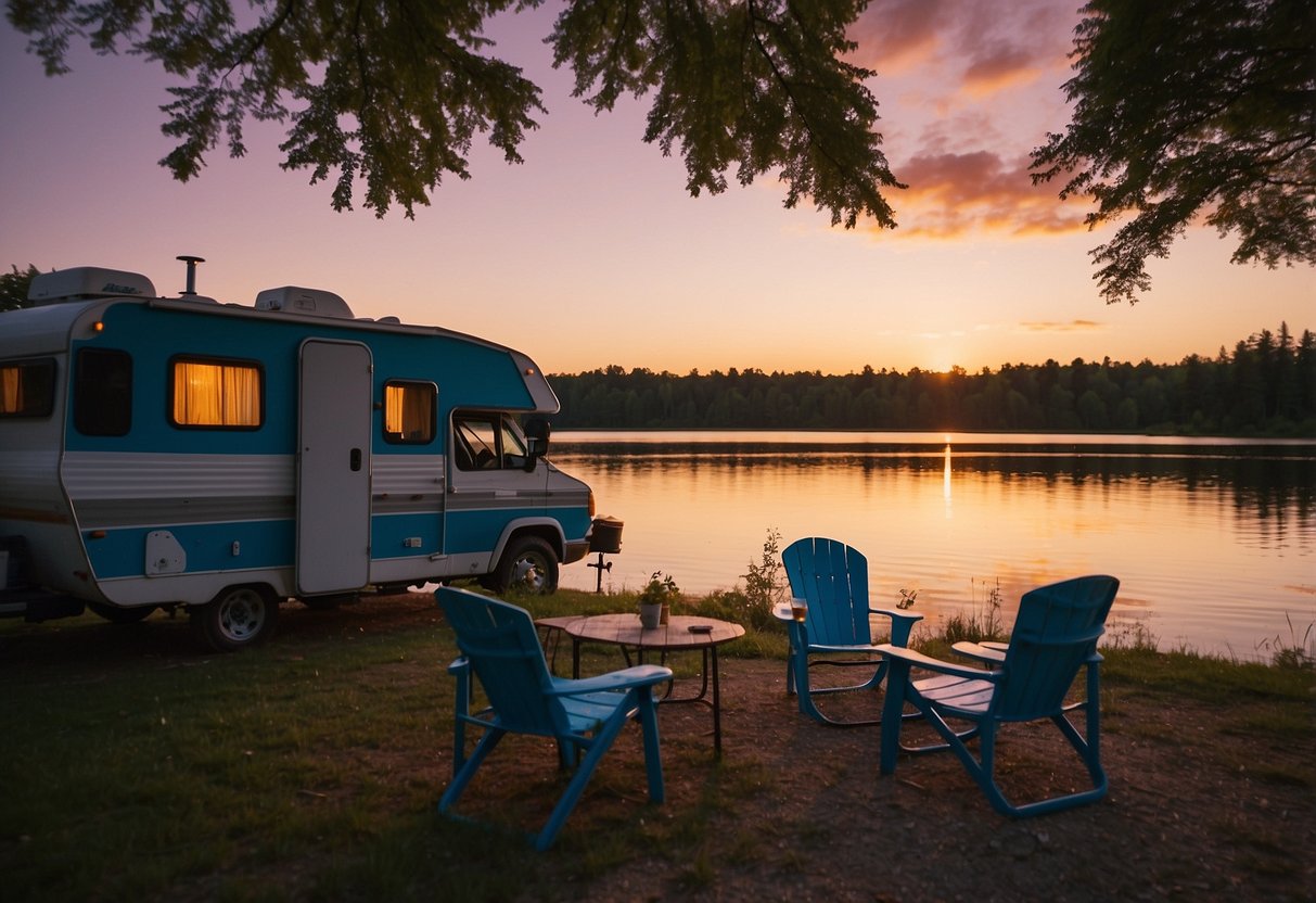 A camper parked by a serene lake, with a couple of folding chairs and a small table set up outside. A family of ducks swims peacefully on the water, while a colorful sunset paints the sky