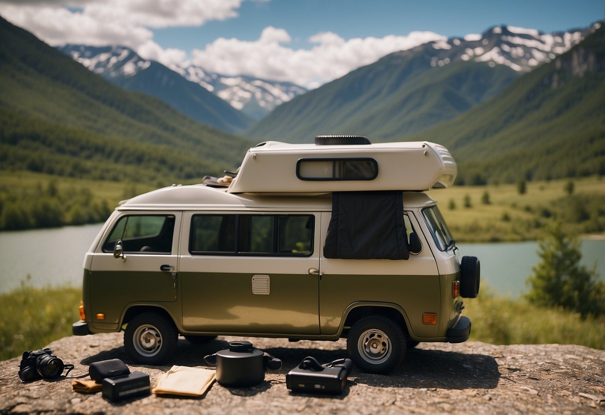 A camper parked at a scenic overlook with mountains in the background, a map and travel guide on the dashboard, and a hiking backpack and binoculars on the passenger seat