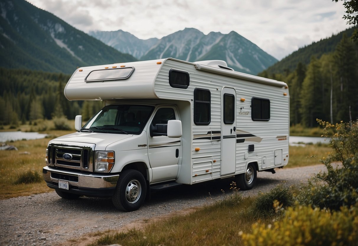 A camper parked at a scenic destination with a map showing various routes and destinations for vacation travel