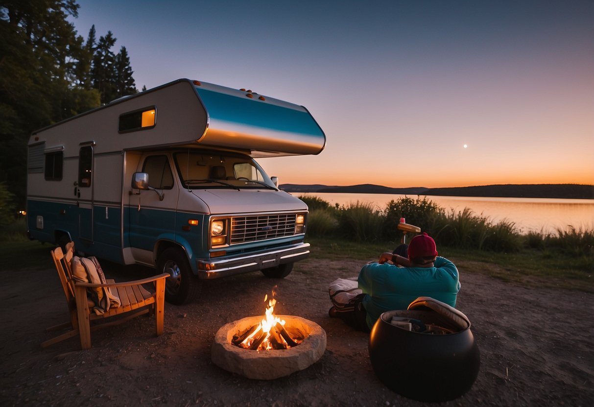A family camper parked by a serene lake, with a colorful sunset in the background. A cozy campfire burns nearby, as the family relaxes under the starry sky