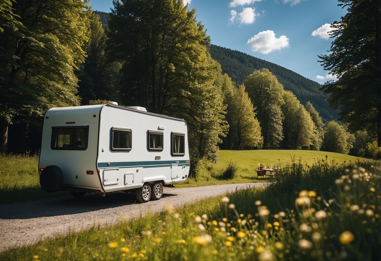 A camper parked at a scenic campground in Germany, surrounded by lush greenery and rolling hills, with a clear blue sky above