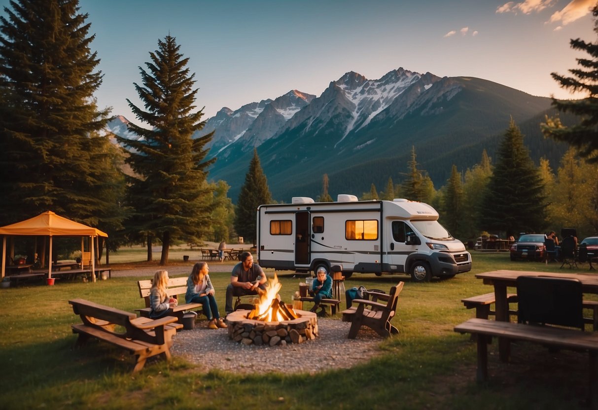 A camper parked in a scenic campground, with a cozy campfire, a family playing board games, and a mountain view in the background