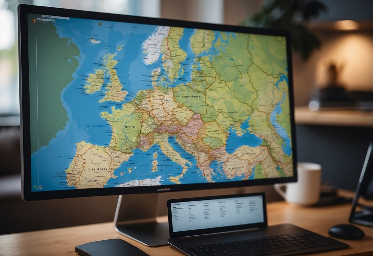 A map of Germany with highlighted camper routes and a list of frequently asked questions displayed on a computer screen