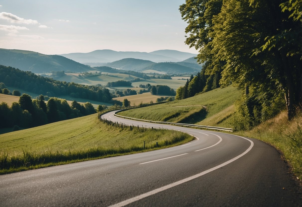 A winding road through the German countryside with lush green trees and rolling hills in the background