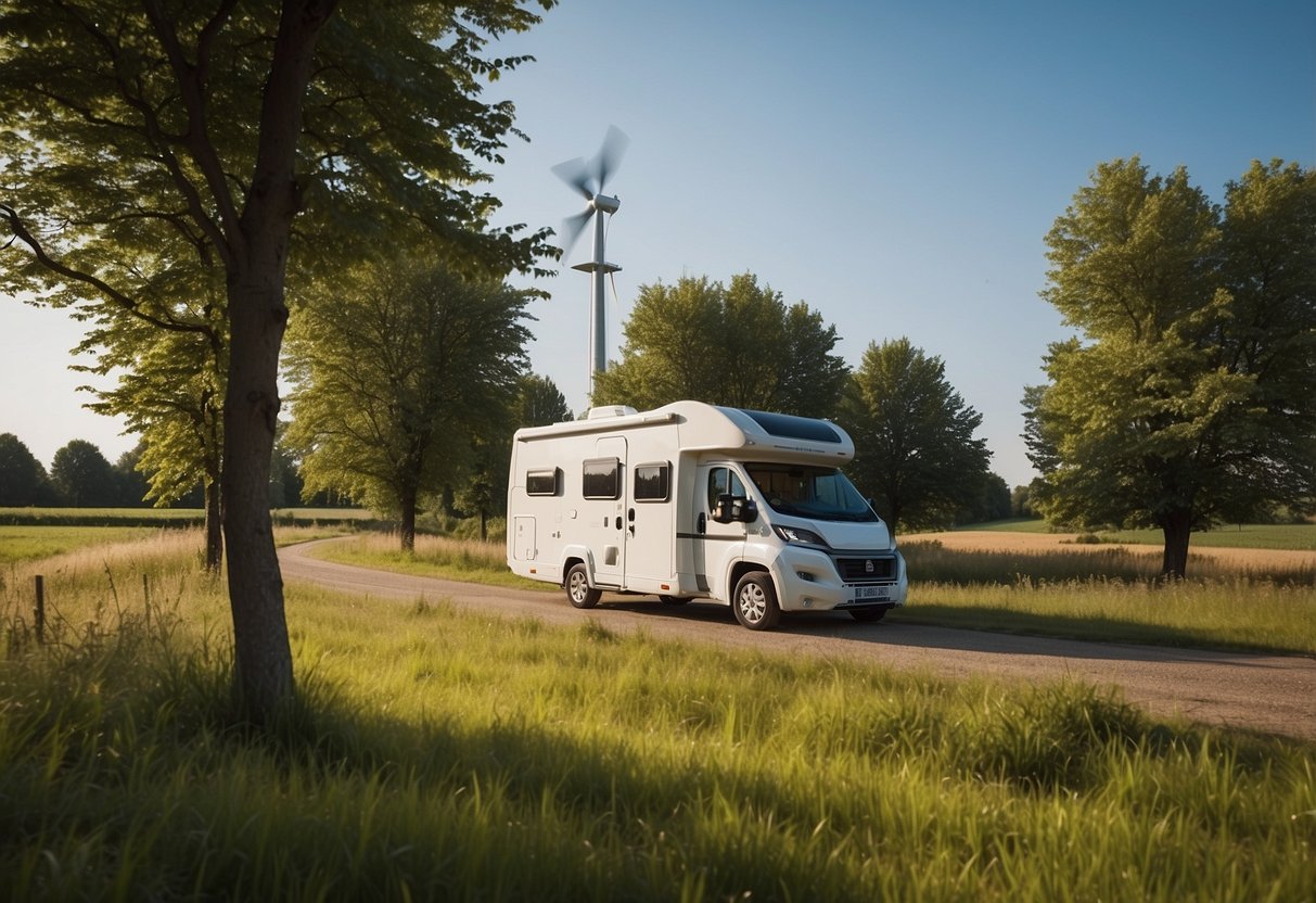 A camper parked in a serene Dutch countryside, surrounded by lush green fields and windmills, with a clear blue sky overhead