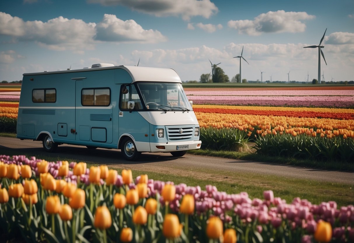 A camper travels through scenic Dutch countryside, passing windmills and tulip fields, with quaint villages and historic landmarks along the route
