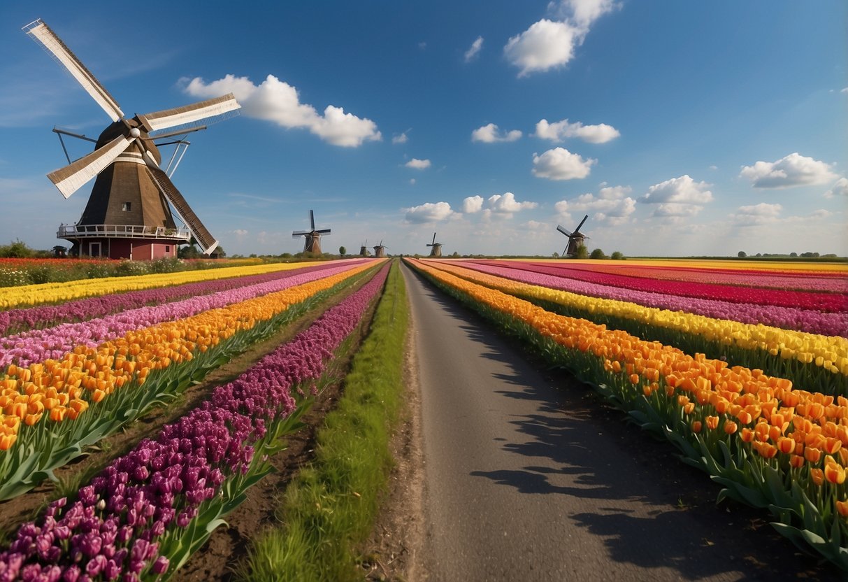 A winding road cuts through the lush Dutch countryside, passing by vibrant tulip fields and quaint windmills under a bright blue sky
