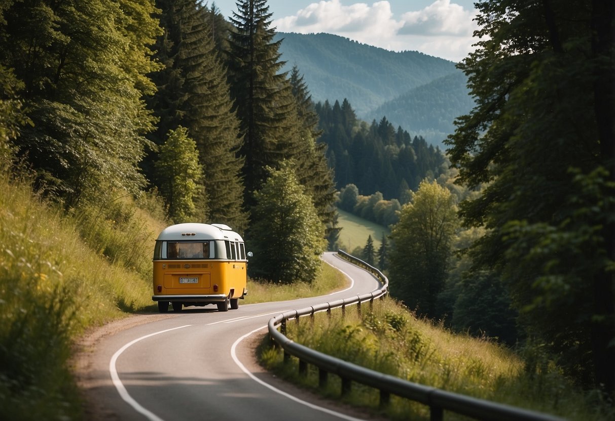 A winding road cuts through lush German countryside, flanked by towering forests and rolling hills. A colorful camper travels along the route, passing by quaint villages and scenic vistas