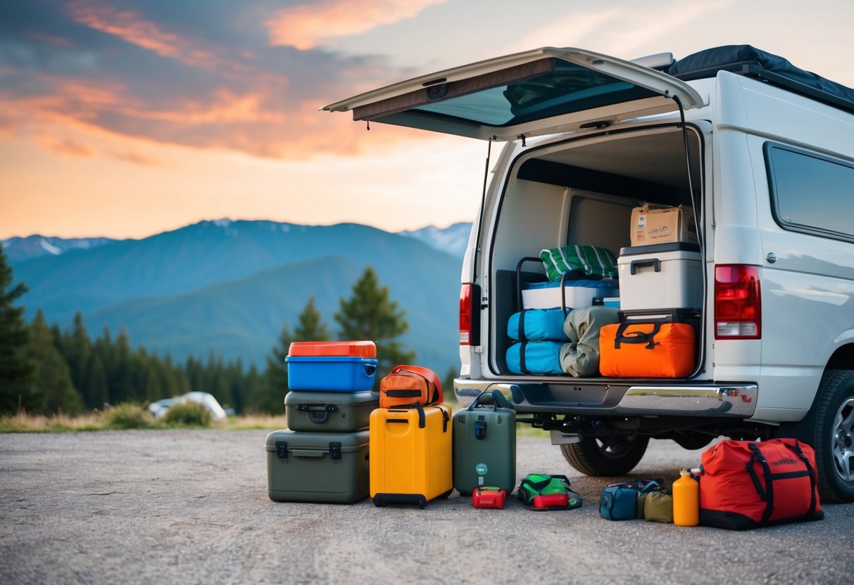 Een camper die wordt geladen met benodigdheden en kampeerspullen ter voorbereiding op een reis