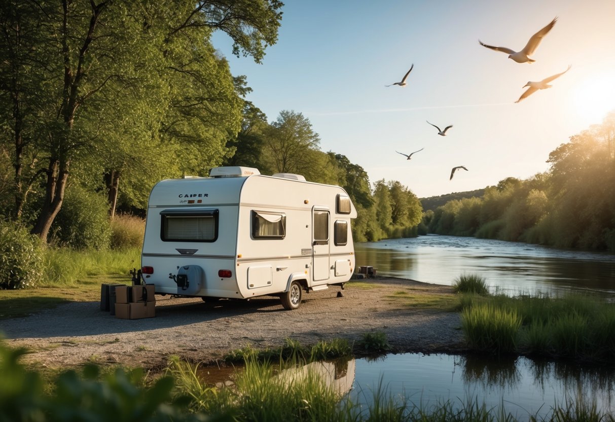 Een camper geparkeerd in een vredige natuurlijke omgeving, omringd door bomen en een rustige rivier, met de zon die schijnt en vogels die boven vliegen.