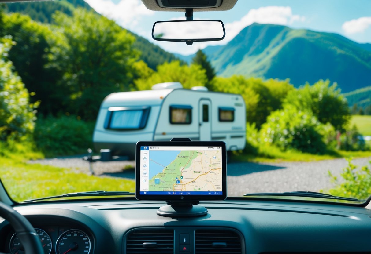 Een camper geparkeerd op een schilderachtige locatie, met een kaart of GPS-apparaat op het dashboard, omringd door weelderig groen en bergen op de achtergrond.