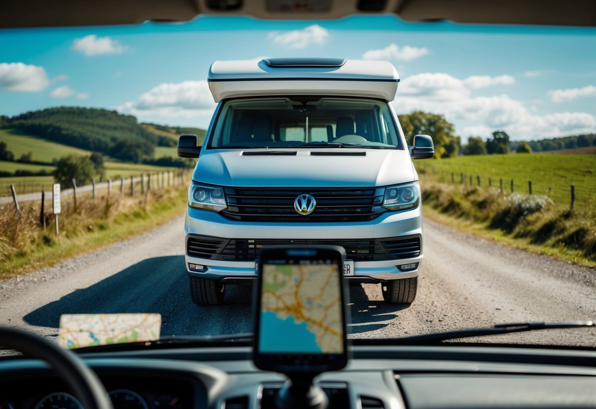Een camper van geparkeerd in een schilderachtig platteland met een kaart en GPS-apparaat op het dashboard