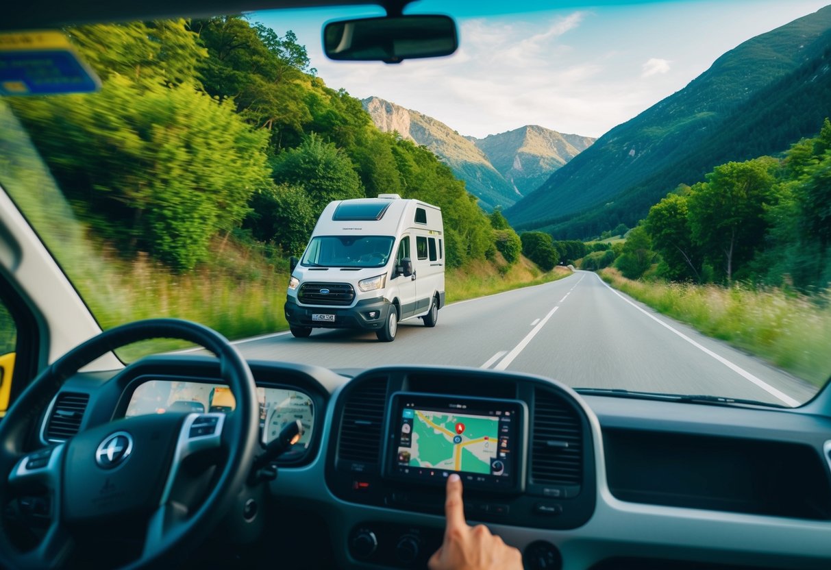 Een camper die op een schilderachtige weg rijdt, met een kaart en GPS op het dashboard, omringd door weelderig groen en bergen op de achtergrond.