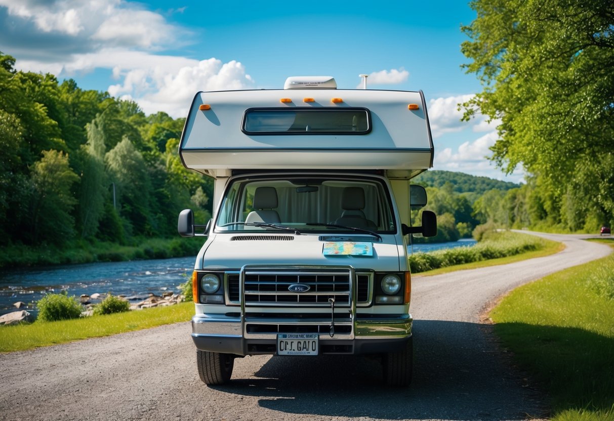 Een campervan geparkeerd op een schilderachtige camping, omringd door weelderige bomen en een kronkelige rivier, met een kaart en GPS-apparaat op het dashboard