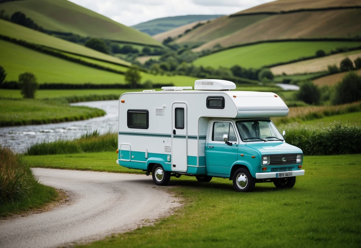 Een camper geparkeerd in een serene platteland, omgeven door glooiende heuvels, weelderig groen en een kronkelige rivier.