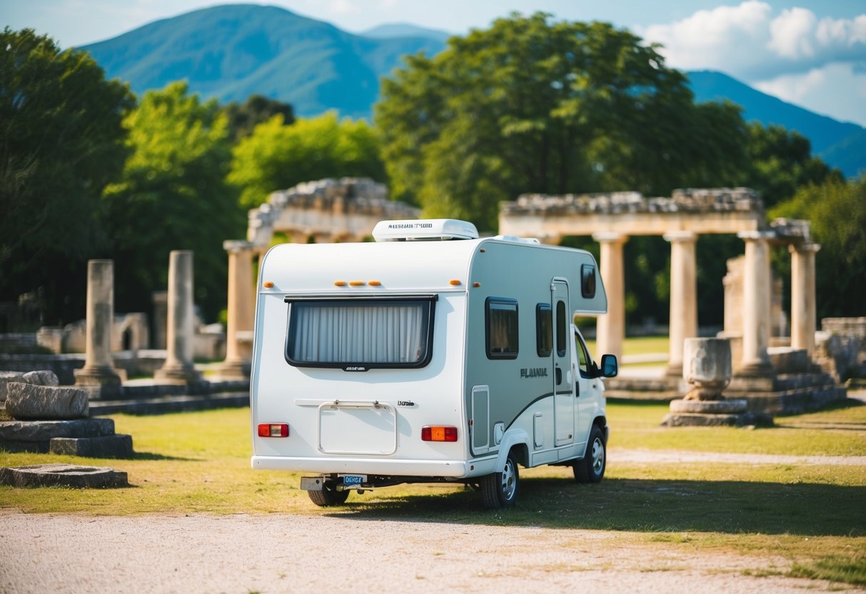 Een camper geparkeerd voor oude ruïnes, omringd door weelderig groen en bergen op de achtergrond