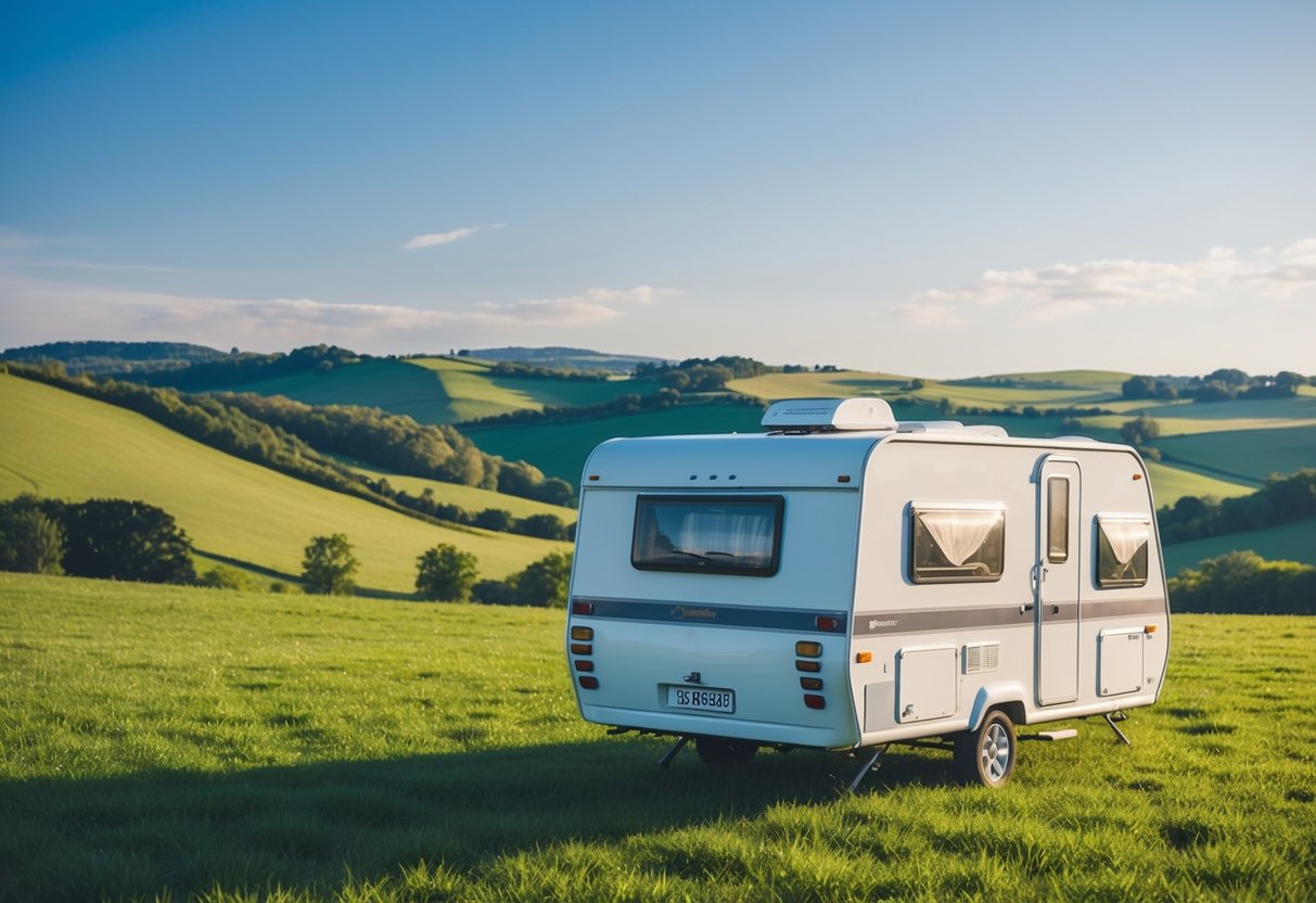 Een camper geparkeerd in een schilderachtige platteland met glooiende heuvels, weelderig groen en een heldere blauwe lucht