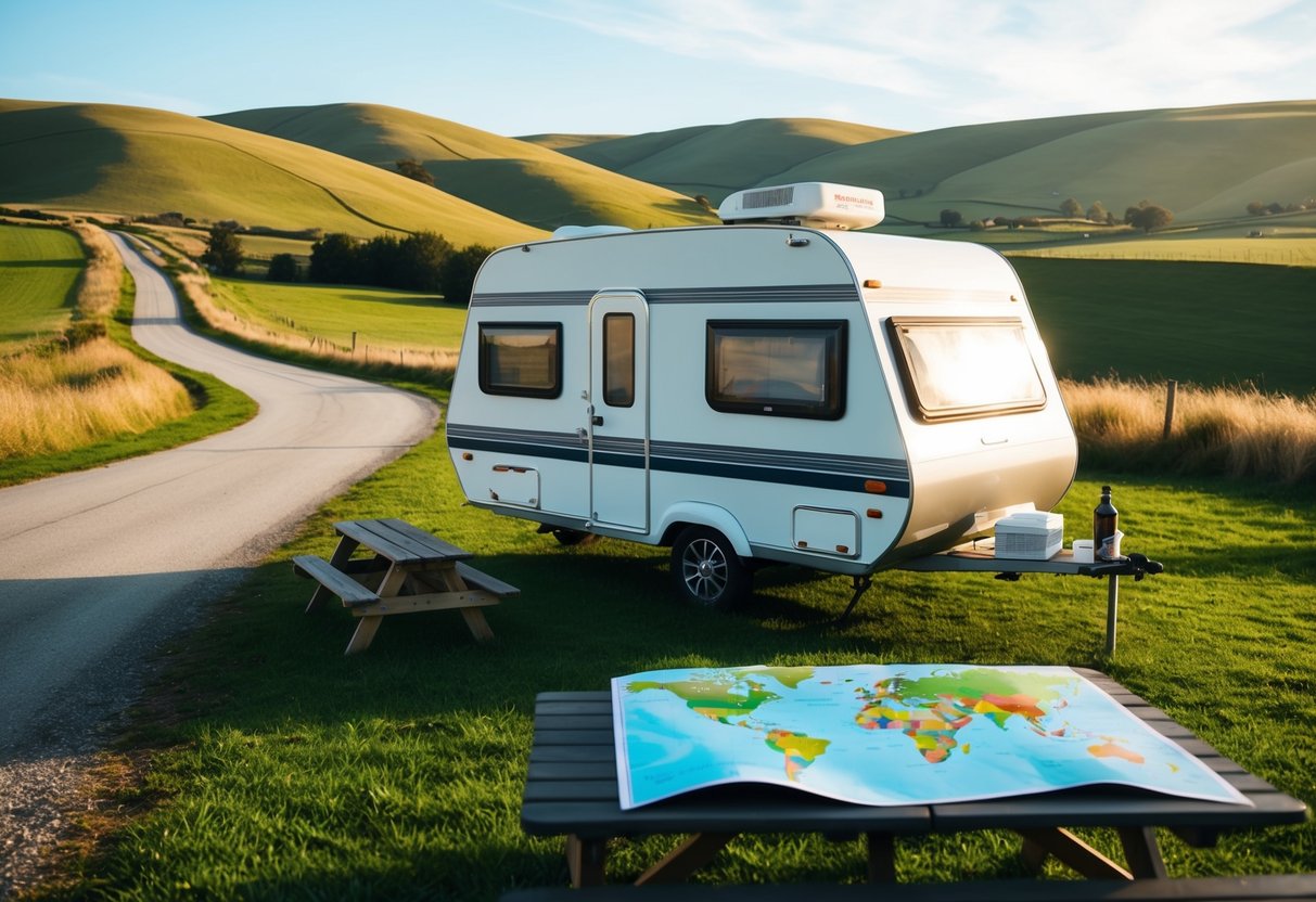 Een camper geparkeerd in een schilderachtig landschap met glooiende heuvels, kronkelige wegen en een kaart uitgespreid op een picknicktafel met markeringen die verschillende landen aangeven.