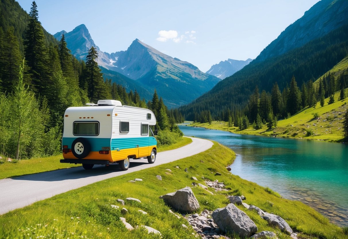 Een kleurrijke camper reist door weelderige groene bergen en bossen, langs kristalheldere meren en kronkelige rivieren, onder een helderblauwe lucht.