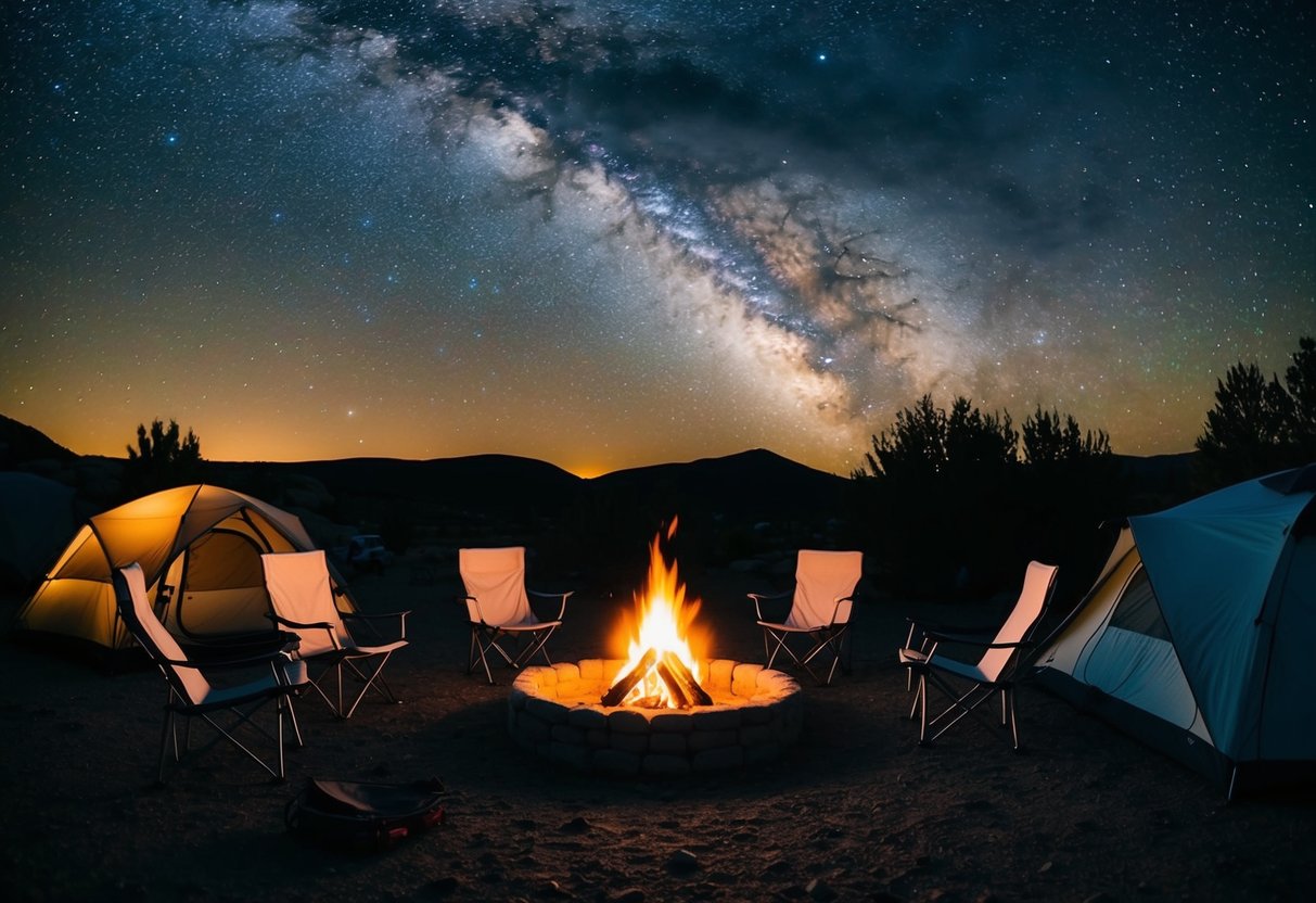 Een gezellige camping met een knisperend kampvuur, omringd door een cirkel van campingstoelen en tenten onder een sterrenhemel.
