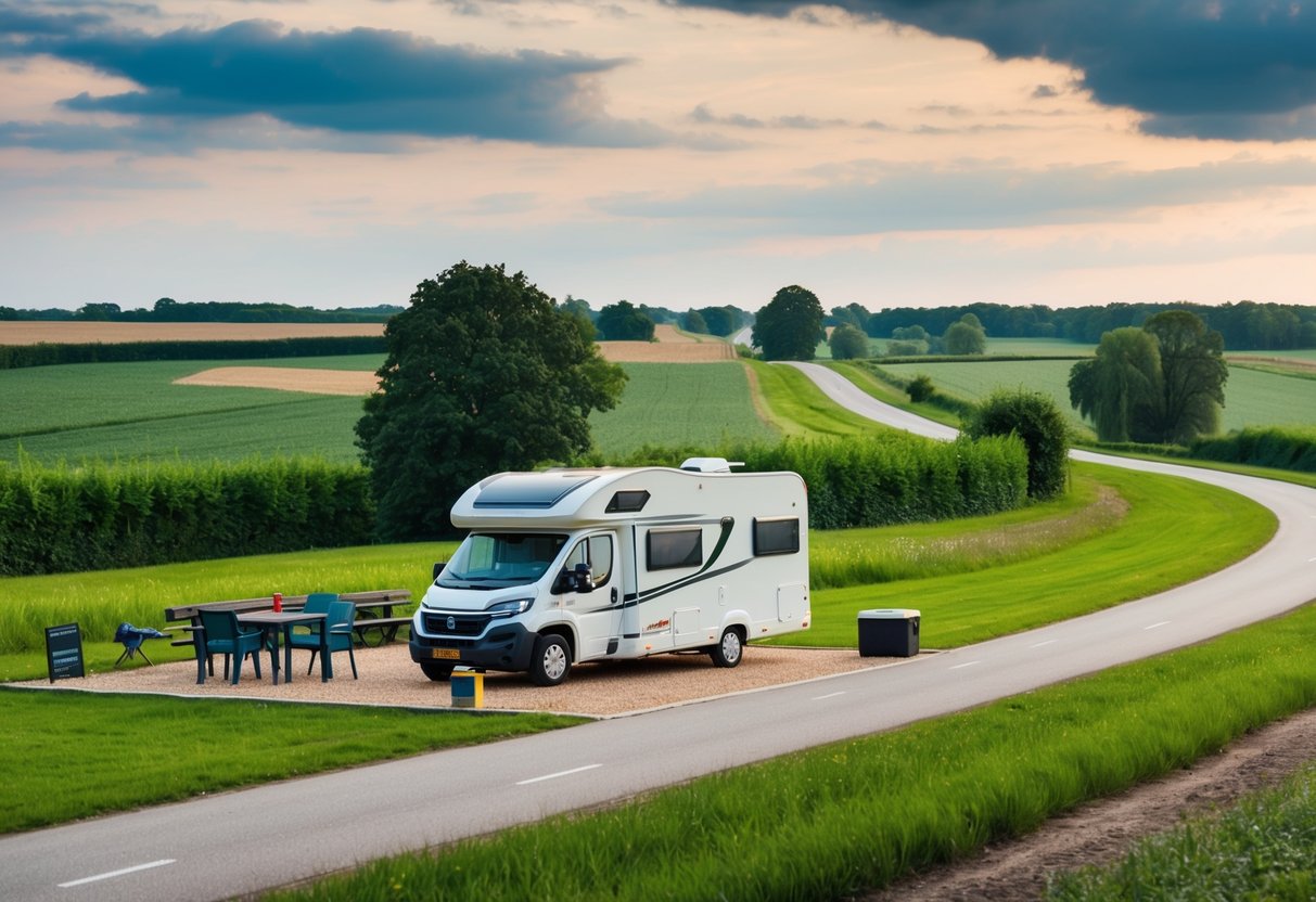 Een pittoresk Nederlands platteland met een camper geparkeerd op een aangewezen camperplaats, omringd door weelderig groen en kronkelige wegen