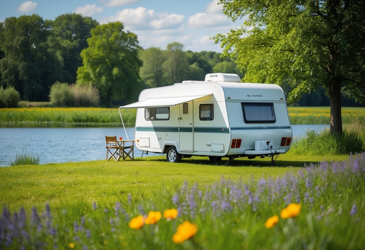 Een camper geparkeerd bij een serene meer in het Nederlandse platteland, omringd door weelderig groen en kleurrijke wilde bloemen.