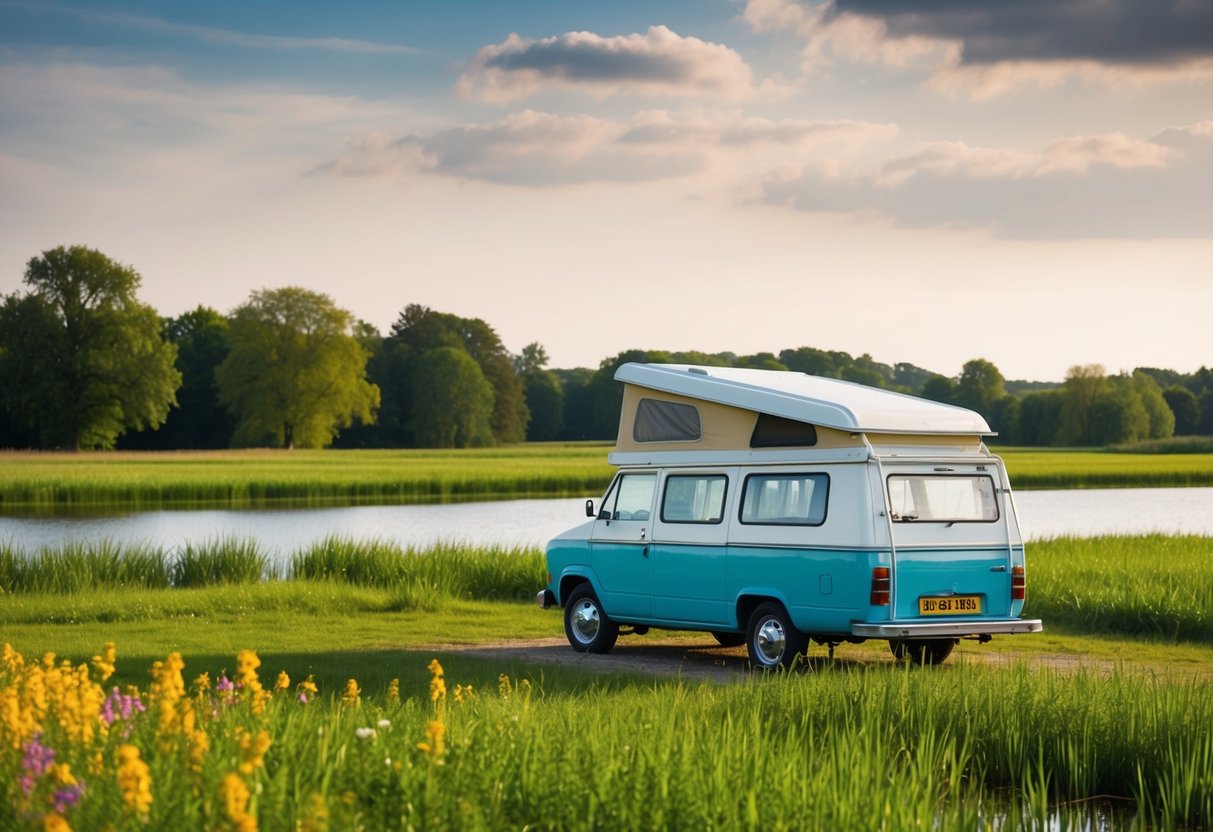Een camper geparkeerd bij een serene meer in het Nederlandse platteland, omringd door weelderige groene velden en kleurrijke wilde bloemen.