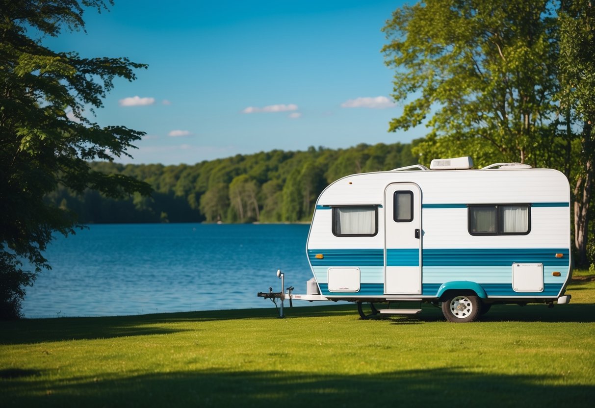 Een camper geparkeerd bij een sereen meer met weelderige groene bomen en een heldere blauwe lucht op de achtergrond