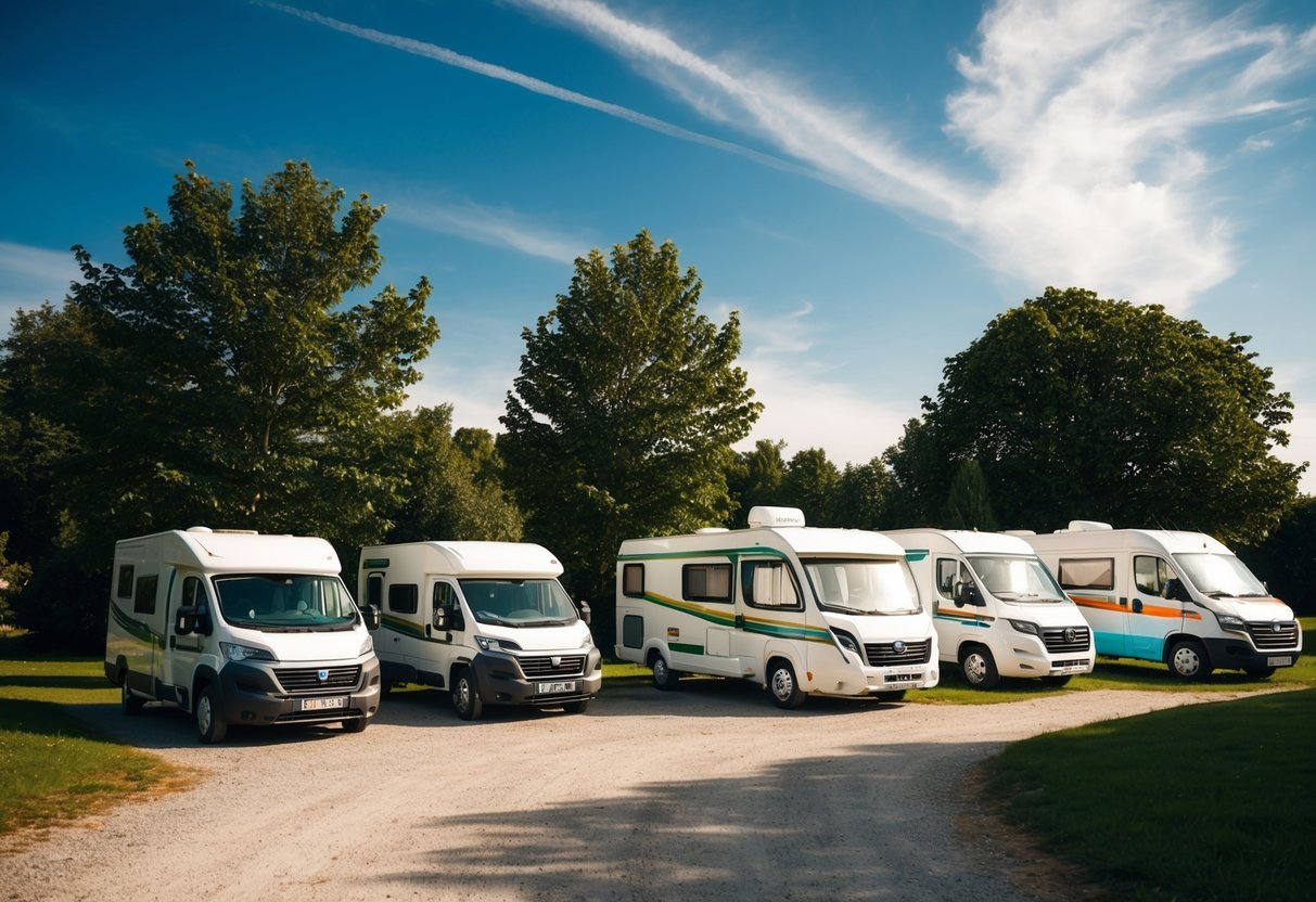 Een gezellige camping met kleurrijke campers geparkeerd tussen de bomen en een heldere blauwe lucht