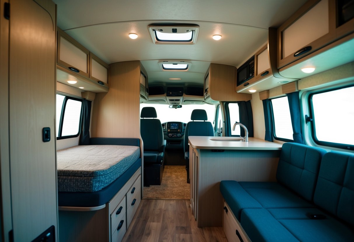 Een camperinterieur met een bed, kitchenette, opbergcompartimenten en zithoek, allemaal efficiënt georganiseerd en ruimte maximaliserend
