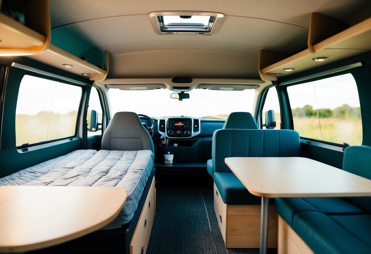 Een camperinterieur met een gezellig bed, opvouwbare tafel, opbergcompartimenten en een compacte kitchenette met een mini koelkast en fornuis