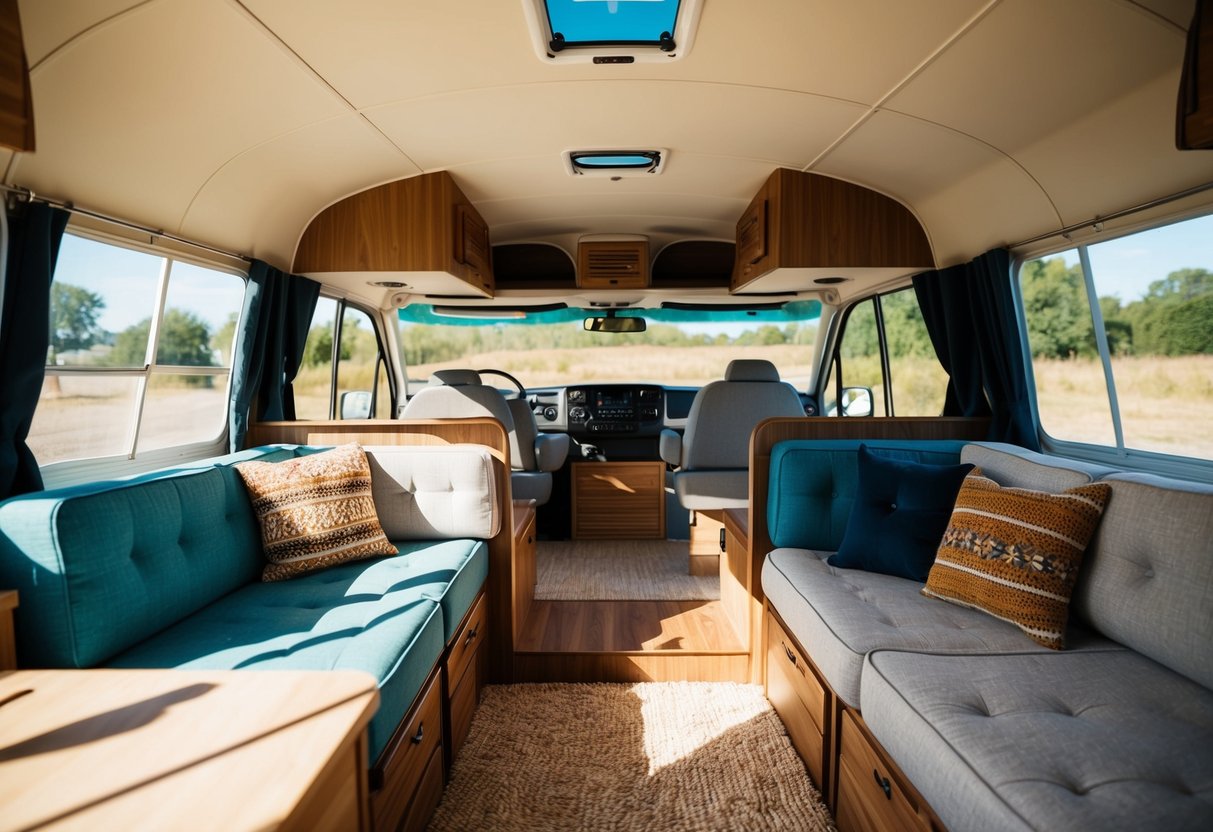 Een gezellige camperinterieur met verschillende meubel- en decoratiemogelijkheden uitgespreid ter overweging op een zonnige dag